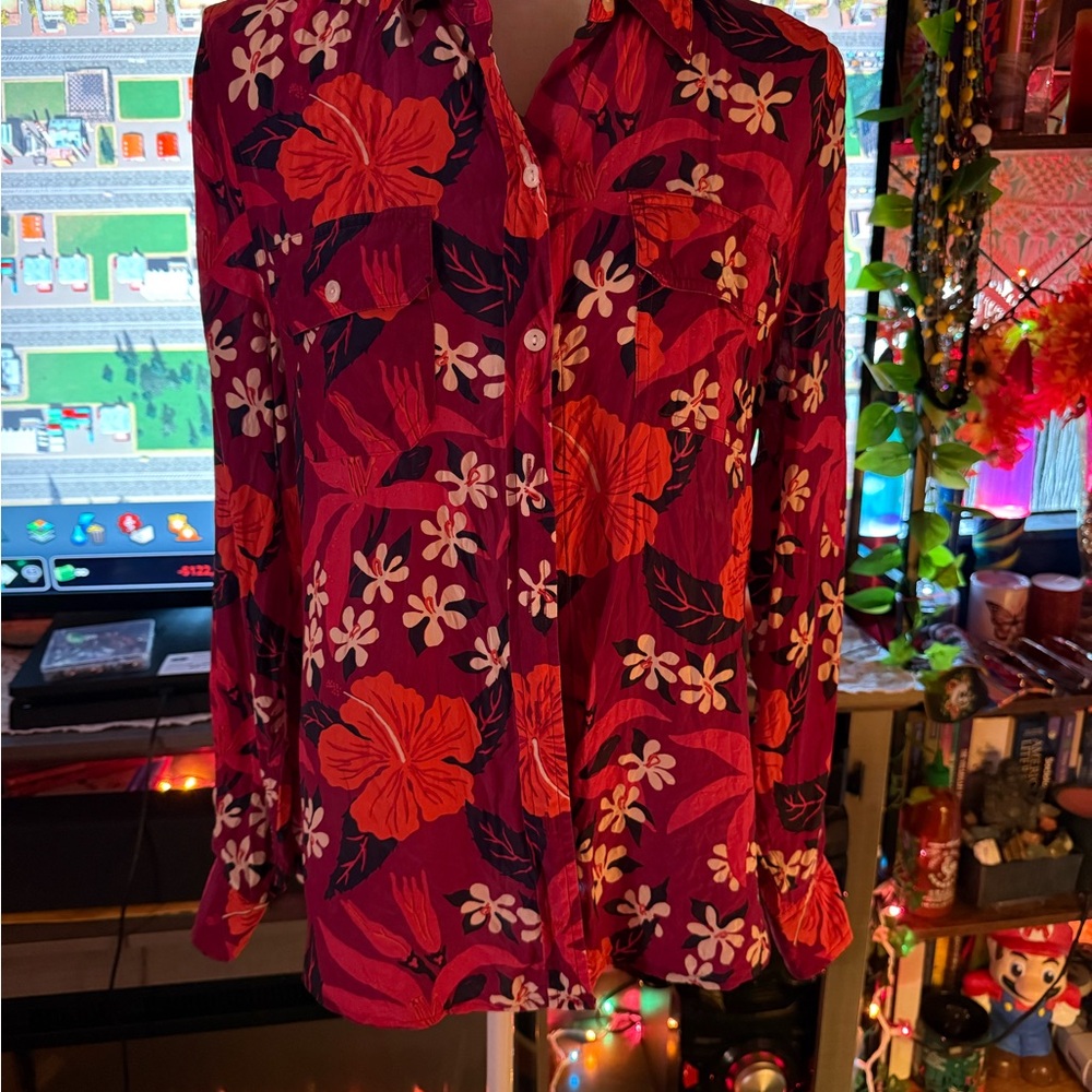 Lucky Brand Silk Red Floral Button Down Shirt